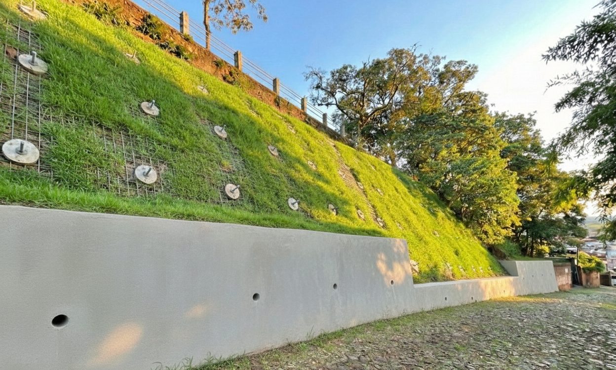 Visualização realista do projeto de contenção de talude na Rua Feliciano Mendes